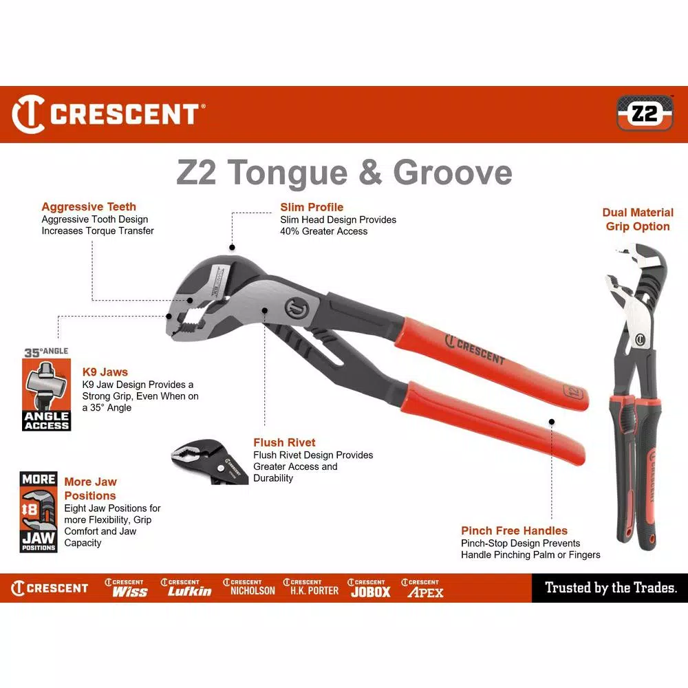 Outlet π Crescent 8 In. Z2 K9 Straight Jaw Dual Material Tongue And Groove Pliers π - Image 5